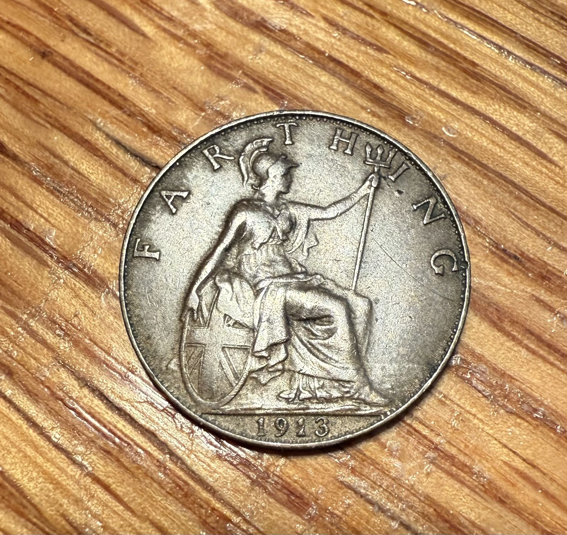 1913 FARTHING - 1/4d BRITISH BRONZE COIN - KING GEORGE V Rare Collectible Coin