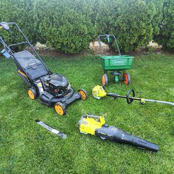Lawn mower, trimmer and blower 
Lawn mower works with first pull it also has remote starter but needs new battery if you want to use key starter