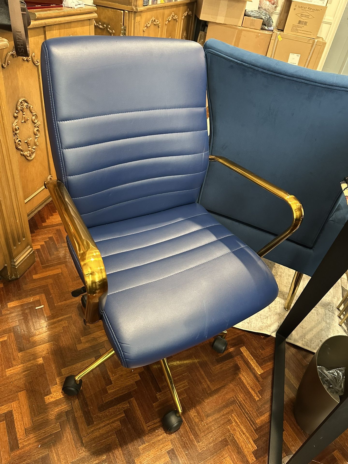 Blue Leather Office Chair With Gold Handles 