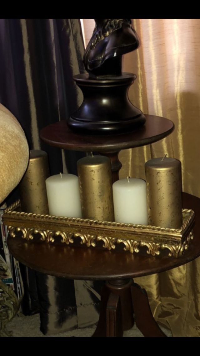 Gold And White Pillar Candles On A Gold Gilt Tray