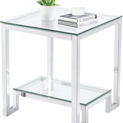 Glass End Table Square,Modern Glass Side Table with 2 Tier Shelf Coffee Table,Silver Stainless Steel Frame Glass Top Table for Living Room,Balcony,Bed