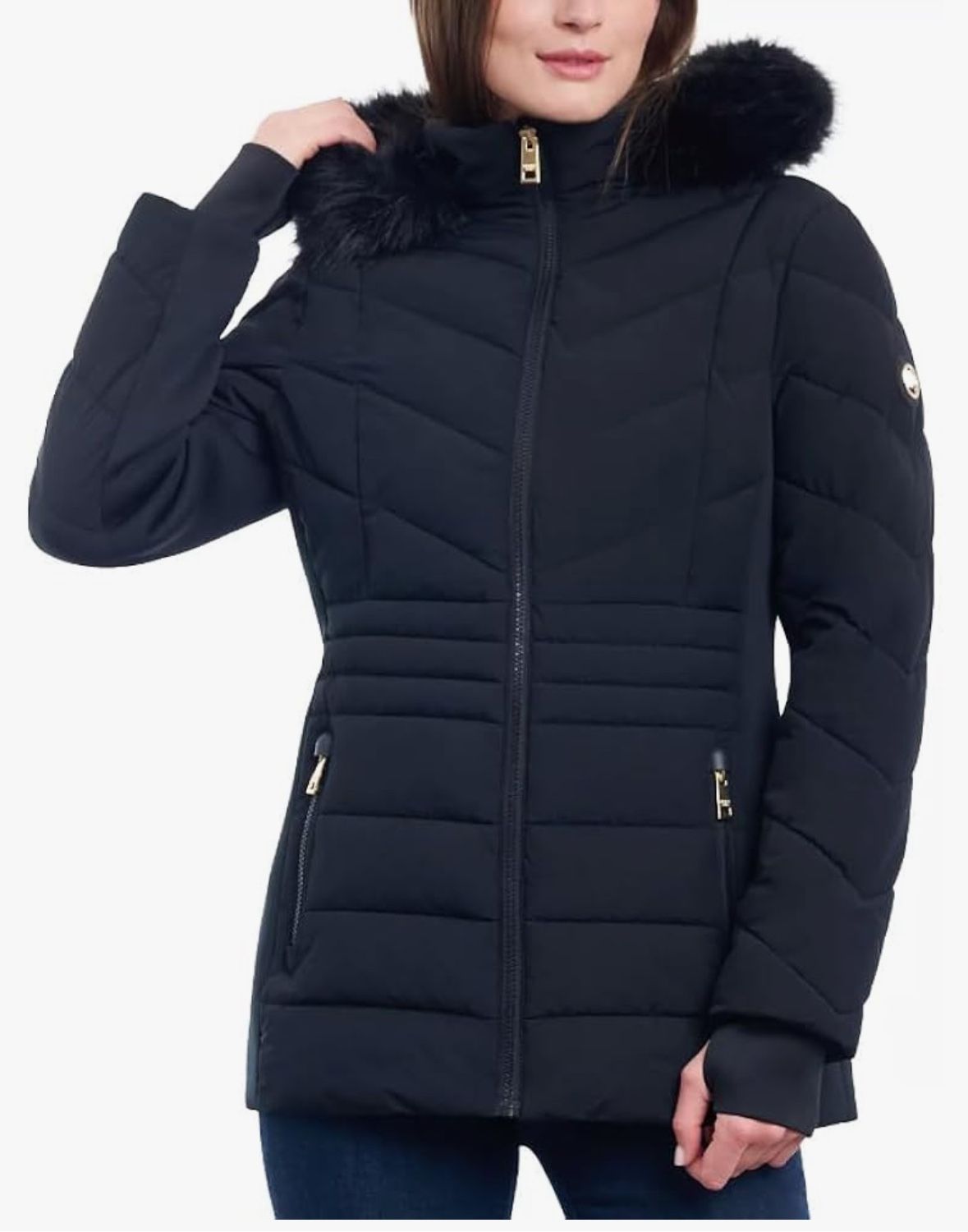 Michael Michael Kors Women's Black Chevron Faux Fur Hooded Coat