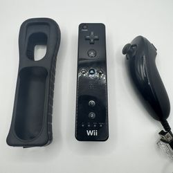 Black Nintendo Wii Remote with black sleeve and black Wii Nunchuck