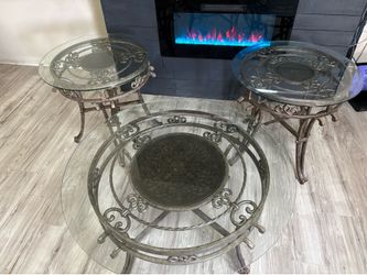 Iron and glass end tables and coffee table set