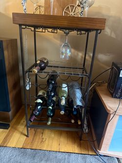 Wine Rack Stand with Glass Holder - 12 Bottle Wine Storage with Wood Top Bar Cart - Metal Freestanding