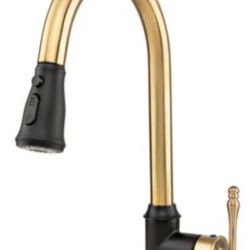 Easy-Install Single-Handle Pull-Down Sprayer Kitchen Faucet with Flexible Hose in Brushed Gold/Matte Black. With a flexible hose and a pow