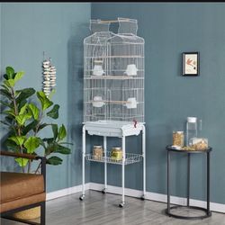 White Parrot Bird Cage With Removable Rolling Stand 