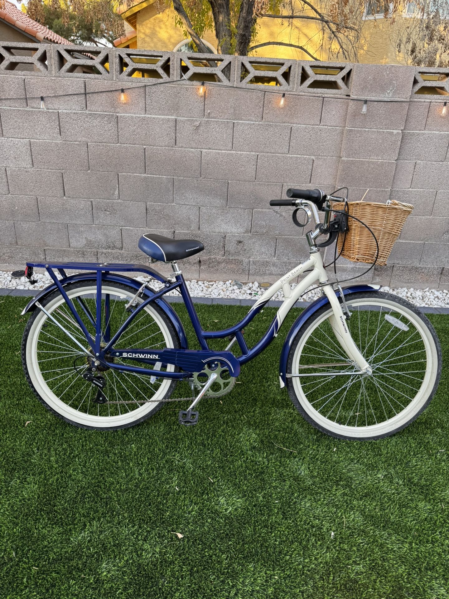 Schwinn Beach Cruiser Bicycle – White & Blue, 26-Inch Wheels