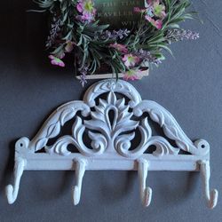 Heavy Cast Iron Wall Hook Rack – Ornate White – 4 Hooks