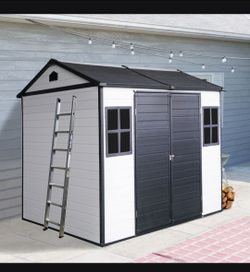 8 x 6 ft Resin Outdoor Storage Shed Waterproof Shed with Floor & Two Windows & Lockable Door, Tool Shed for Garden, Patio, Backyard,Black White
