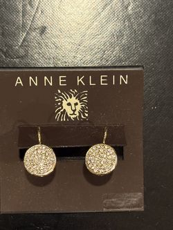 NEW Anne Klein Crystal Pave Disc Drop Earrings Gold Tone Pierced