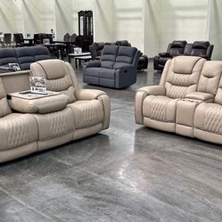New Power Genuine Leather Reclining Couch / Love Seat. Beige. Free Delivery!