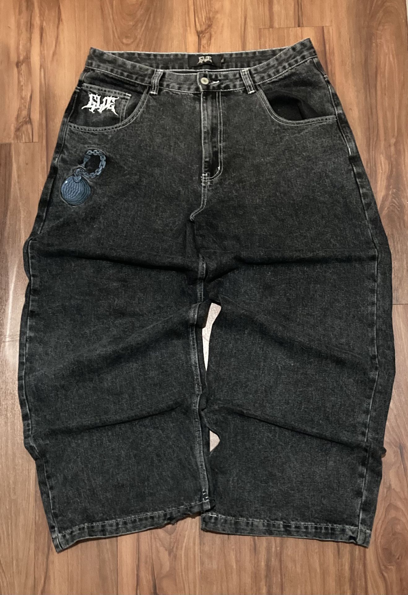 Dark Grey GLOE Baggy Jeans XL – Embroidered Cartoon Graphic, Graffiti Logo, Y2K JNCO-Style Wide Leg