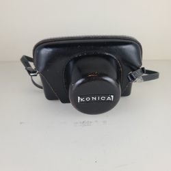 Vintage Hard Leather Konica 35mm Film Camera Case with Strap, Black