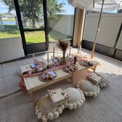 Boho Picnic Table with 8 Pillow Seats & Rug