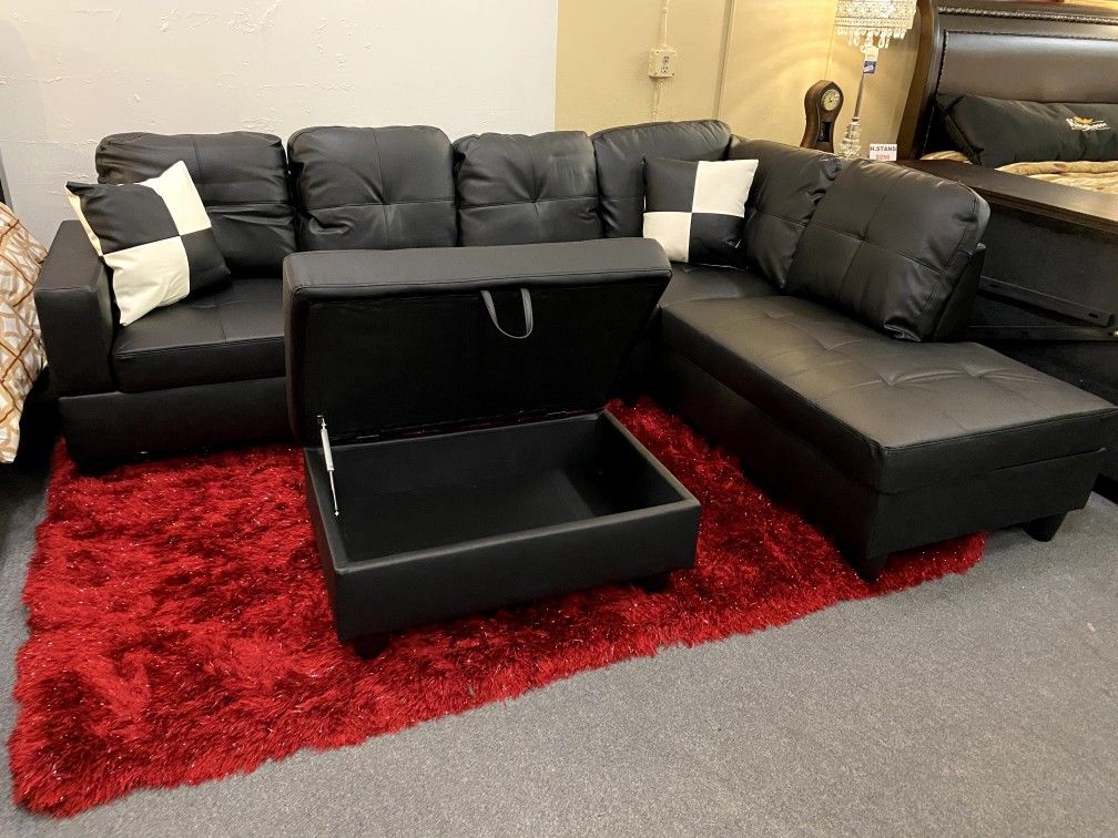 💥AMAZING Black 3PCS Sectional W/Storage Ottoman (Right Chaise) 👍FREE FINANCING AVAILABLE 👉 0️⃣ DOWN PAYMENT ❗NO CREDIT CHECK❗