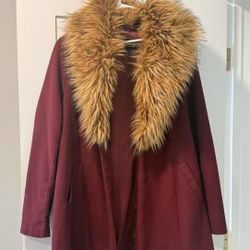 Burgundy Trench Coat With Brown Fur Collar