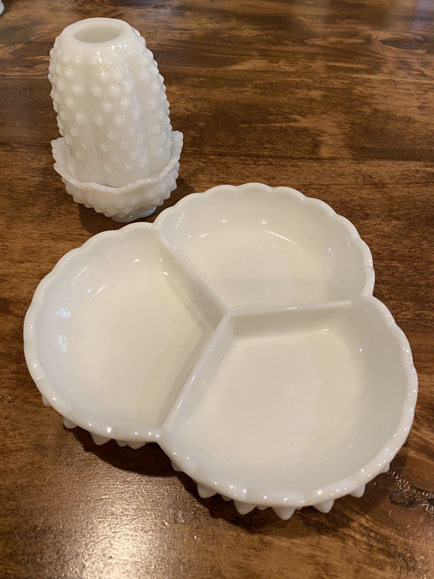 Antique Hobnail Milk Glass Fairy Lamp and Relish Tray