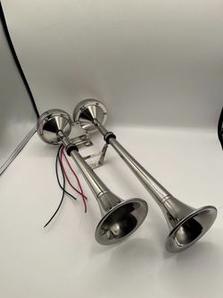 12V Dual Electric Trumpet Horns For Trucks/Boats, Stainless Steel, 125 db