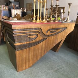 Solid oak church furniture. Altar, pulpit, tabernacle with pedestal base, baptism bowl with base.