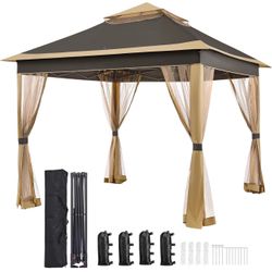 11x11 Pop Up Gazebo Double-Tier Canopy Tent w/Mesh Netting, Brown