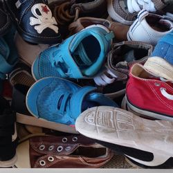 BOX FULL of children's SNEAKERS SHOES & pail of WORK BOOTS 