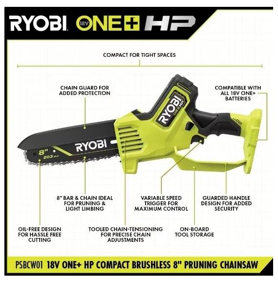 NEW RYOBI PSBCW01B 18V ONE+ HP BRUSHLESS 8 INCH COMPACT PRUNING MINI CHAINSAW TOOL ONLY