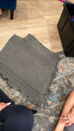 Gray Knit Poncho with Fringe Trim