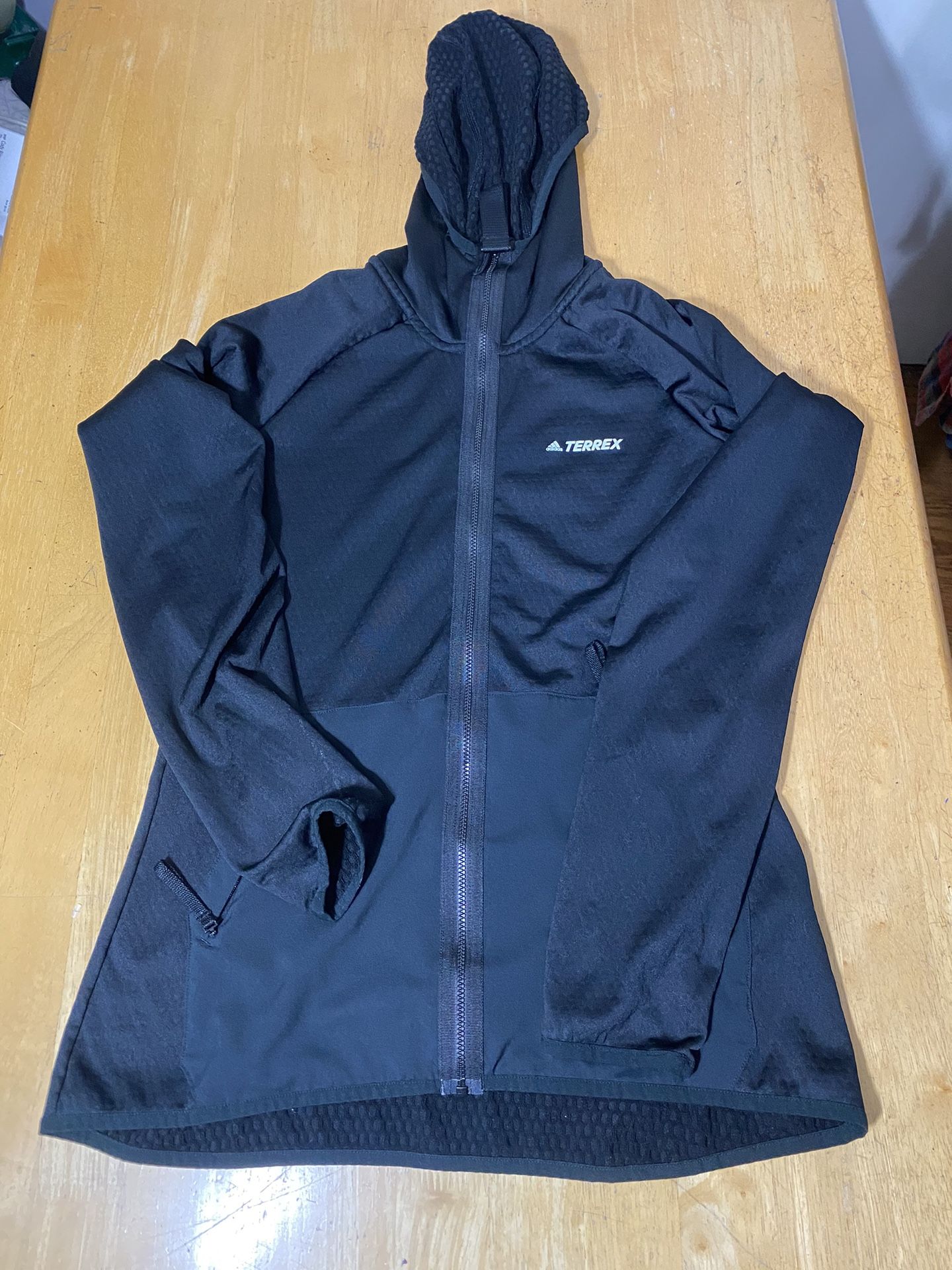 Adidas Womens Black Terrex Tech Fleece Hooded Hiking Jacket Size M 17.5pit2pit