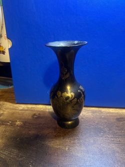 Black Brass Vase with Gold Floral Etching