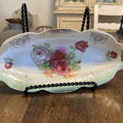 Vintage German, Porcelain Floral, Relish Dish, Or Serving Tray