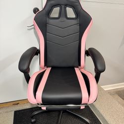Brand New Pink/White Tall Back Height Adjustable Reclining Gaming Chair w/Slide Out Footrest 