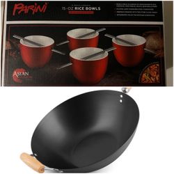 Set Of 4 Rice Bowl Set & Aroma® 14" Carbon Steel Wok