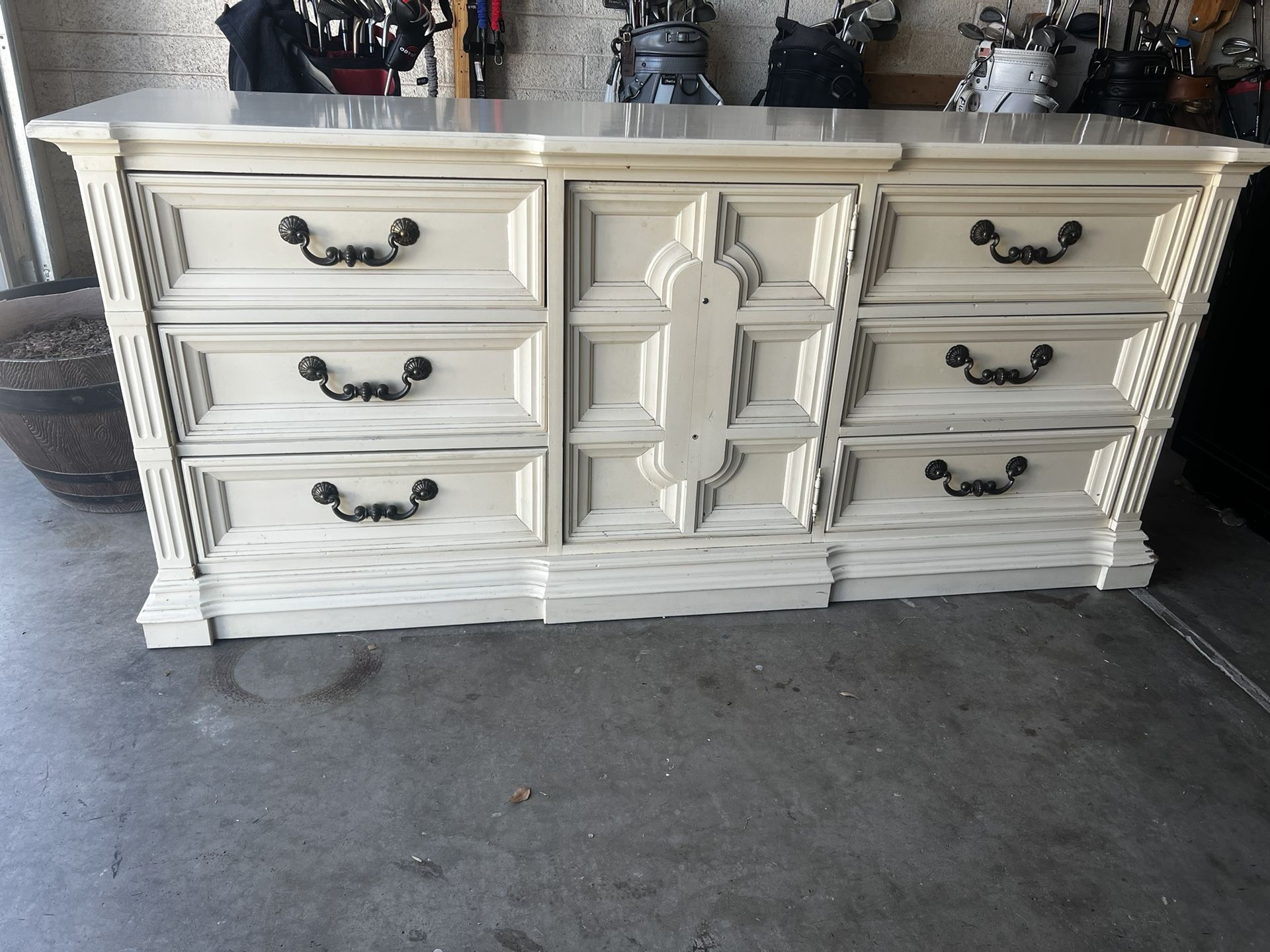 Vintage Ornate White Wooden Dresser W/ 9 Drawers