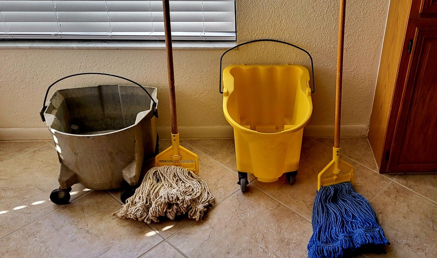 Two Heavy Duty Mop And Press Buckets 2 Mops included