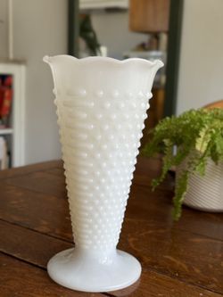 Large, Mid-century Milk Glass Hobnail Vase