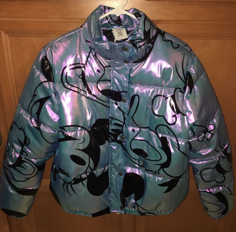 Disney Blue Puffer Jacket Coat, Women’s Iridescent Mickey & Friends Puff Jacket Size L