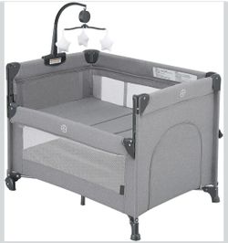 Pack and Play Bassinet Portable Baby Playard Bedside Crib with Music Mobile Grey