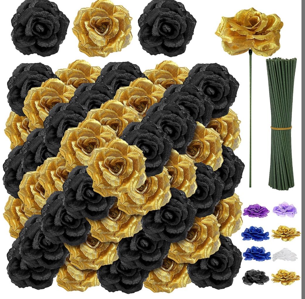 108pcs Roses Head Flowers With Stem - Black & Gold Graduation Artificial Flowers Rose Bulk - Silk Rose Fake Flower For Wedding Bouquet Decor DIY Baby 