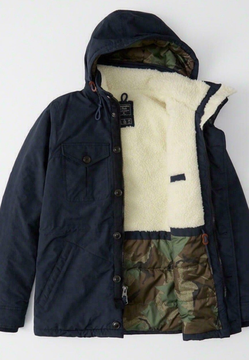 Abercrombie & fitch men's sherpa lined trekking parka navy blue camo Size L New No Tags