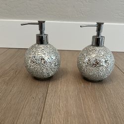 TWO Crushed Mirror Glass Mosaic Round Soap Dispenser Set- Silver Chrome