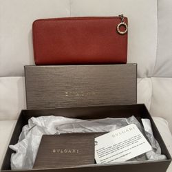 Bulgari Burgundy and Orange Leather Zip Wallet with Gold Hardware