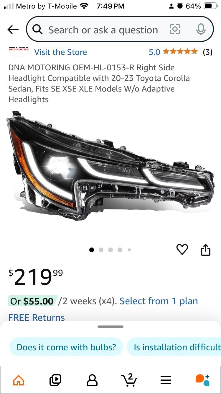 OEM-HL-0153-R Right Side Headlight Compatible with 20-23 Toyota Corolla Sedan, Fits SE XSE XLE Models W/o Adaptive Headlights
