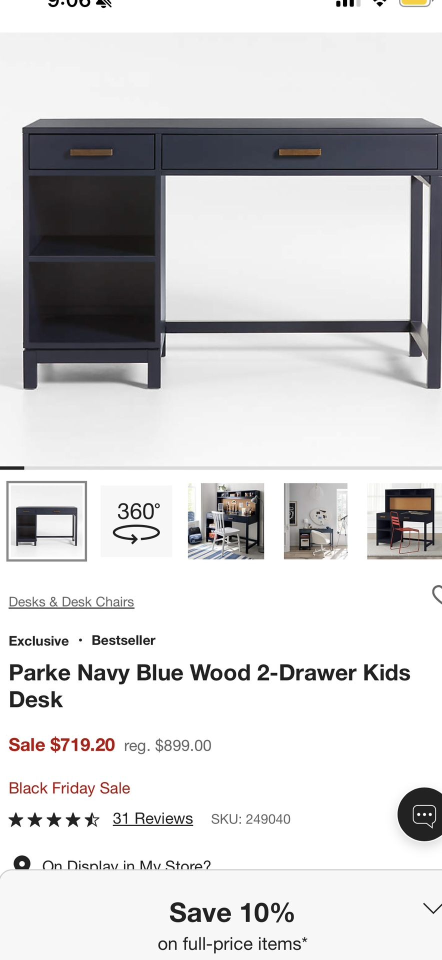 Crate & Barrel Parke Navy Blue Wood 2-Drawer Kids Desk