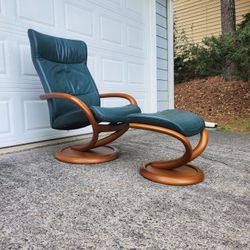 Mid-Century Modern Norwegian Leather Recliner Chair and Ottoman 