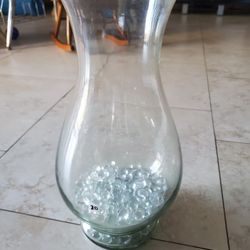 15" Tall Heavy Clear Vase With Clear Marbles 