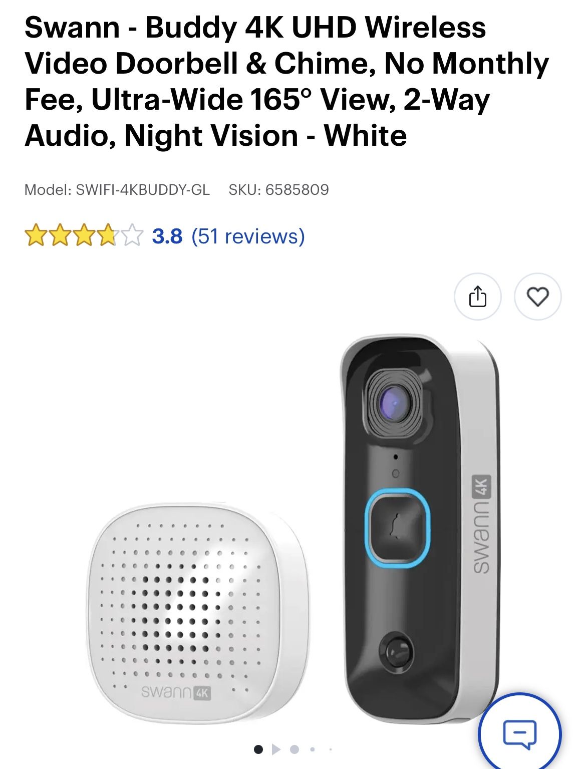 Swann - Buddy 4K UHD Wireless Video Doorbell & Chime, No Monthly Fee, Ultra-Wide 165° View, 2-Way Audio, Night Vision - White