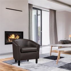 Leather Club Chair, Faux Leather Accent Chair, Modern Living Room Armchair with Wood Legs and Padded Seat for Bedroom Reception Room, Espresso