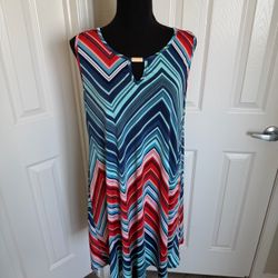 Sleeveless Chevron Patterned Blue & Orange Dress Size Large