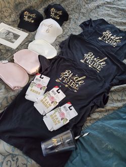 Bridal party shirts, hats, coozis, make up bags